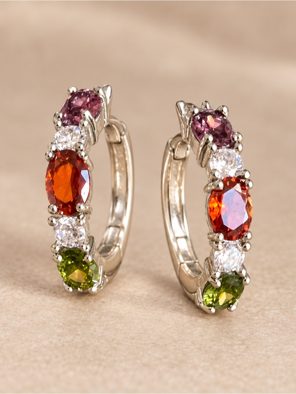 Multi-Gemstone CZ Silvertone Huggie Hoop Earrings NWOT 1" #704